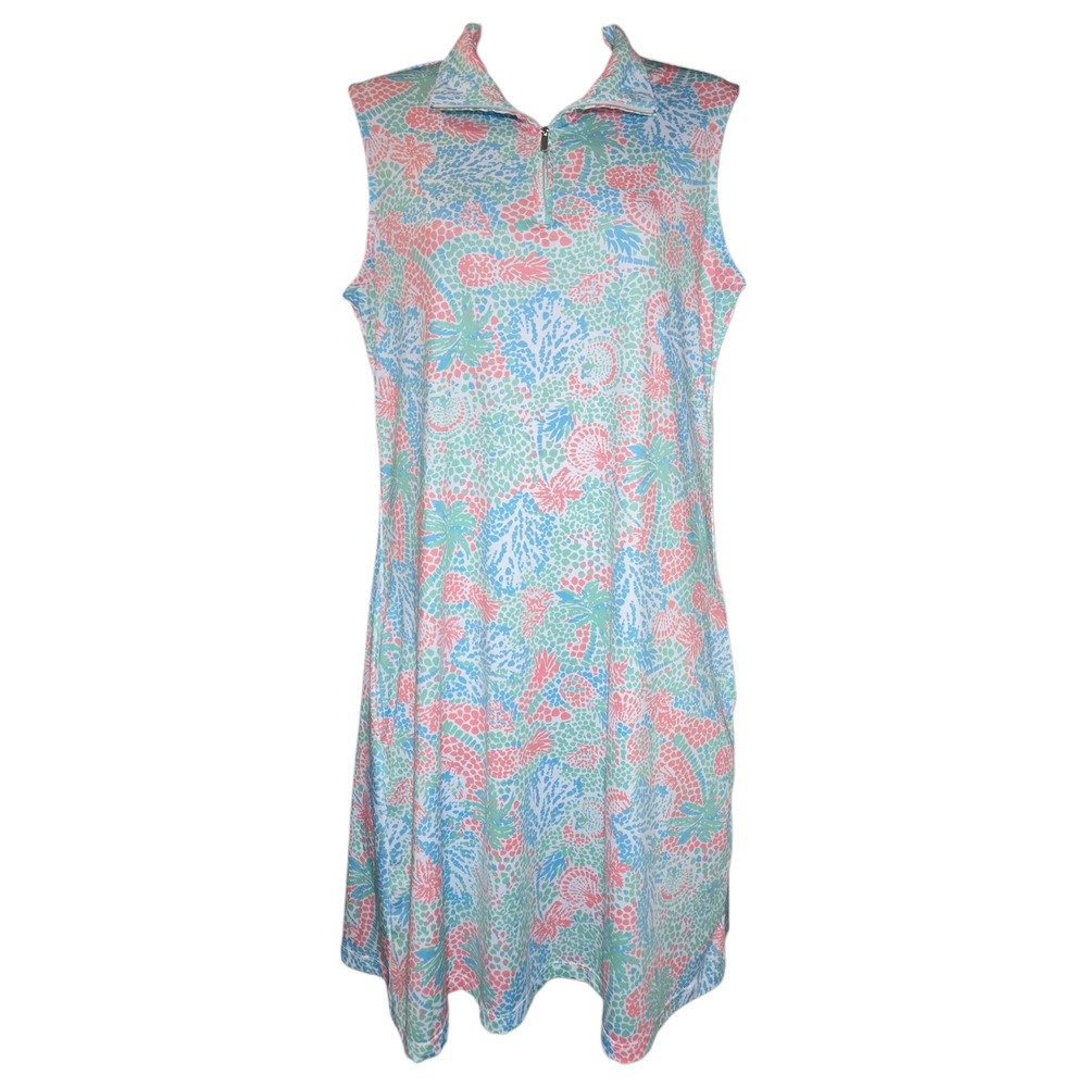 Emerald 18 Wom Med Teal Coral Pineapple Dot Print Sleeveless Polo Dress Spring